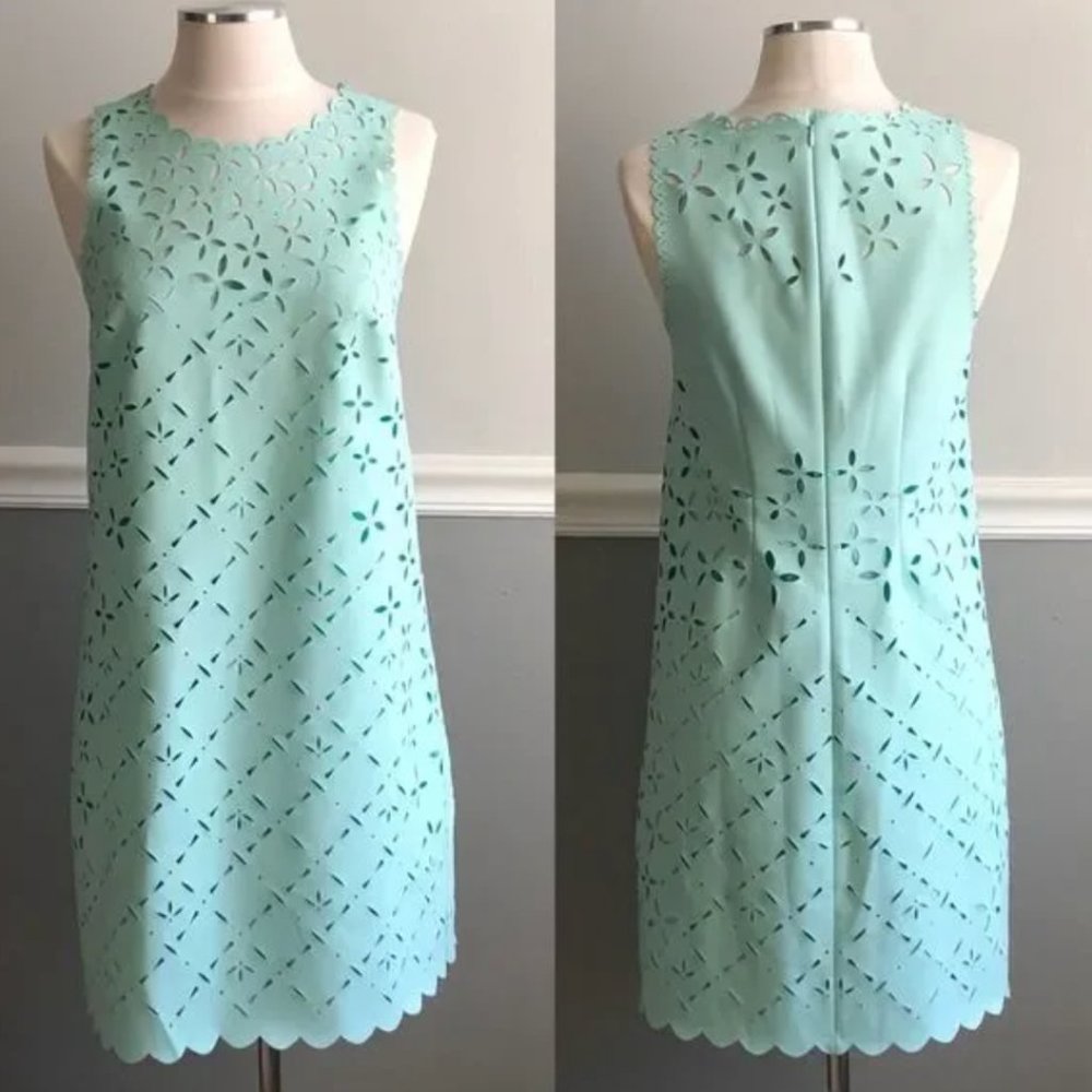 J. Crew Laser Cut Floral Scalloped Shift Dress in mint, size 2